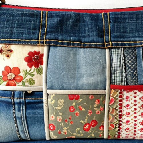 Home 11 **
Patchwork pouch made from scrap fabrics and old jeans, showcasing a vintage aesthetic.
**