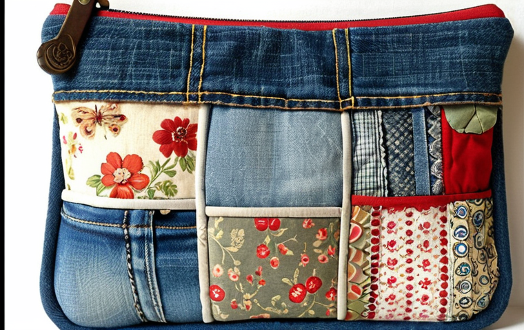 **
Patchwork pouch made from scrap fabrics and old jeans, showcasing a vintage aesthetic.
**