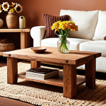 **Image Prompt:** A cozy living room featuring handcrafted wooden furniture with visible wood grain. Soft, warm lighting highlights the natural textures. Include a woven rug, a knitted throw blanket, and a vase of fresh flowers to enhance the inviting atmosphere.
