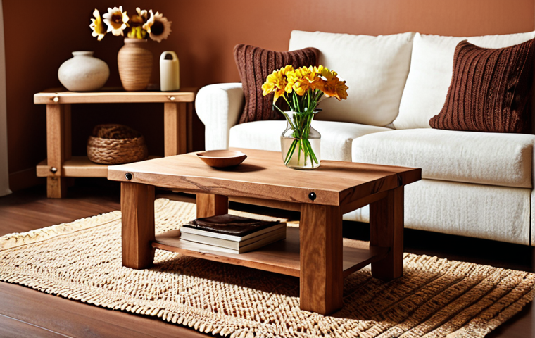 **Image Prompt:** A cozy living room featuring handcrafted wooden furniture with visible wood grain. Soft, warm lighting highlights the natural textures. Include a woven rug, a knitted throw blanket, and a vase of fresh flowers to enhance the inviting atmosphere.